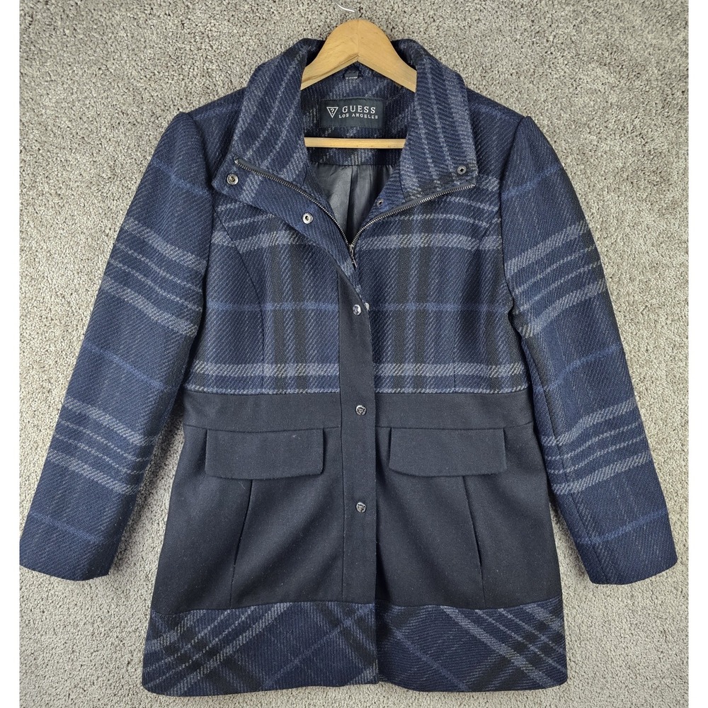 Guess Los Angeles Wool Blend Blue Plaid Coat Pea Coat Academia‎ Women's XL